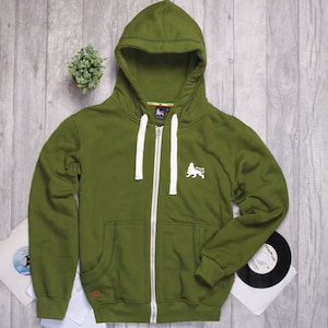 Rasta Regge Zip Hoodie mit Lion of Judah-Logo, Soundsystem-Kultur. Olivfarben.