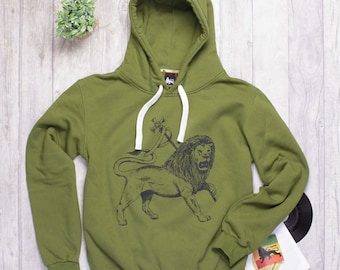 Lion of Judah olive color Rasta Reggae hoodie with pockets. Sound system culture