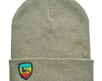 Rasta Lion of Judah Beanie hat. Docker cap, Khaki color winter hat
