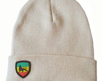 Rasta Lion of Judah Beanie hat. Docker cap, Beige color winter hat