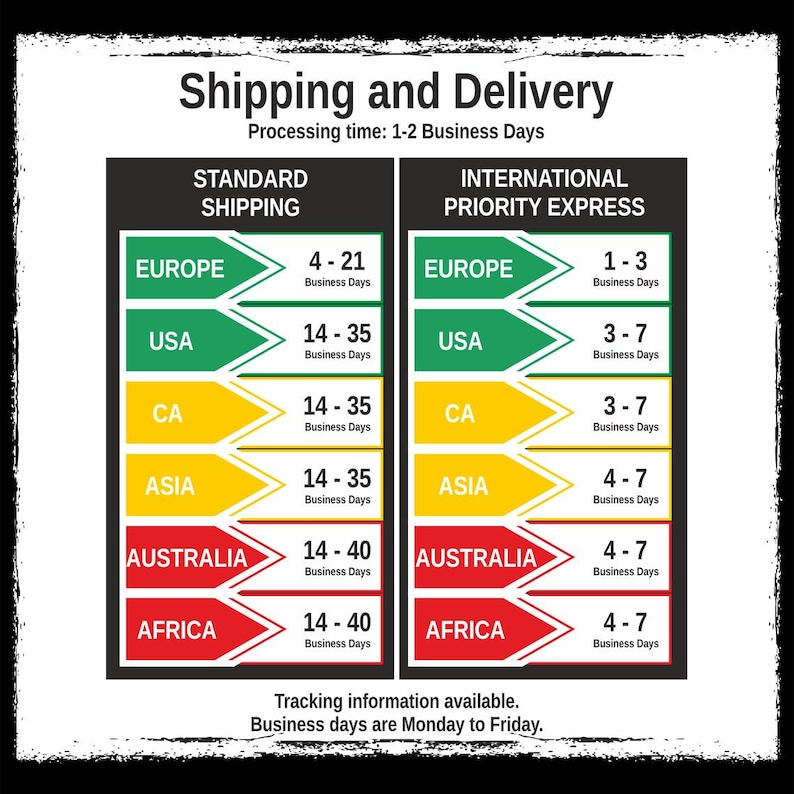 May include: A chart showing estimated shipping times for standard and international priority express shipping to different regions, including Europe, USA, Canada, Asia, Australia, and Africa. The chart shows the estimated number of business days for delivery, with a processing time of 1-2 business days.
