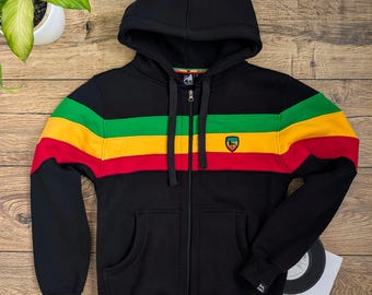 Reggae Vibes Hoodie with Rasta Stripes and Lion of Judah emroidery