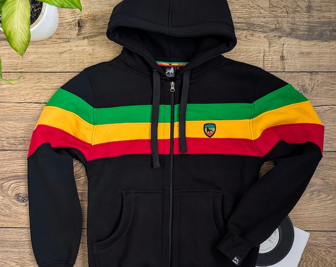 Reggae Vibes Hoodie with Rasta Stripes and Lion of Judah emroidery