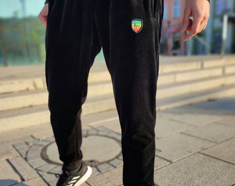 Soft velvet velour trackies with Lion of Judah embroidered application Rasta Reggae