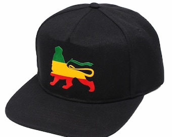Lion of Zion snapback cap, Reggae music Rasta movement Flat Brim Cap in Black