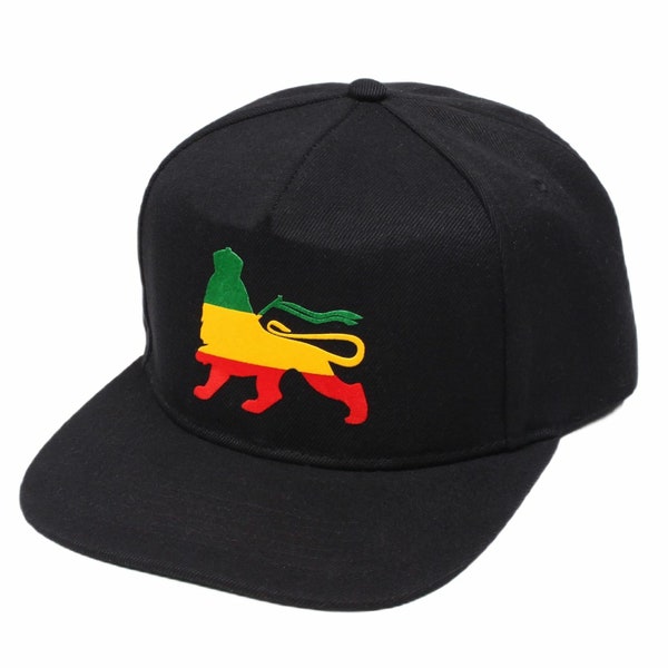 Lion of Zion snapback cap, Reggae music Rasta movement Flat Brim Cap in Black