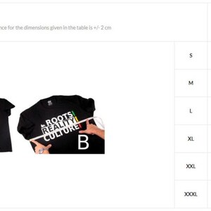 May include: Size chart for a black t-shirt with the text "Roots Reality Culture" in white letters with a green, yellow, and red stripe design. The chart shows measurements in inches and centimeters for sizes S through XXXL.
