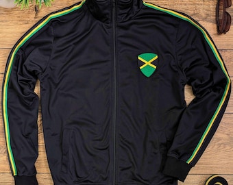 Jamaica Track Jacket, Black Old School Zip-Up. Striped Jamaica Sportswear, Reggae Track Top Jacket