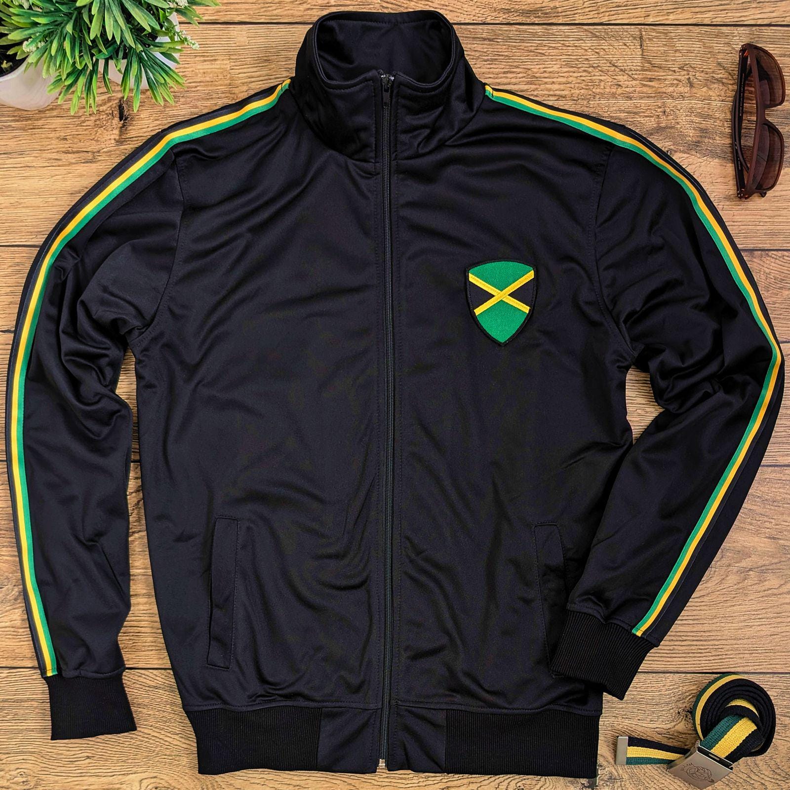 Jamaica Track Jacket, Black Old School Zip-up. Striped Jamaica