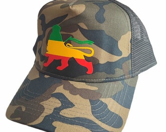 Lion of Zion Reggae baseball trucker cap, Woodland camo