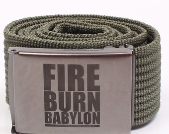 Olive color Trouser belt with Fire Burn Babylon Buckle, Roots wear, Reggae Rasta belt