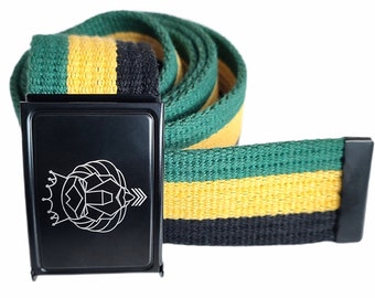 Belt with Jah Lion head, Jamaica colors, Roots wear, Reggae Trouser belt