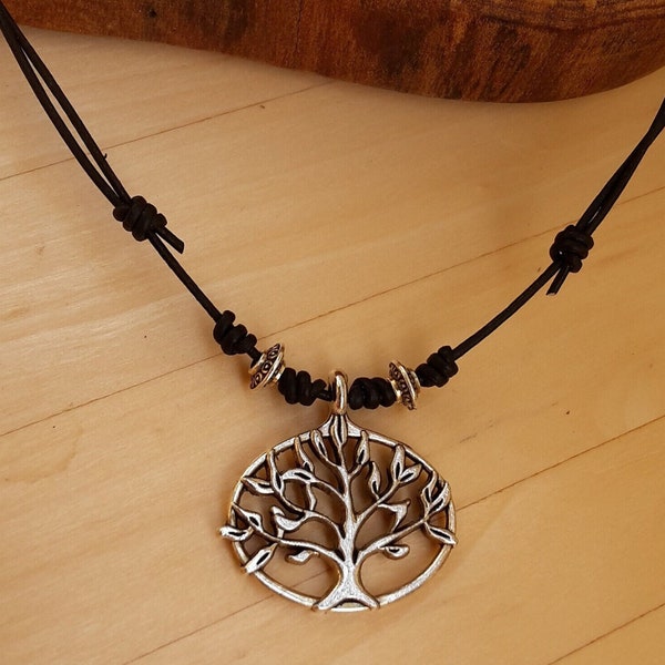 Leather necklace with Tree of Life, Yggdrasil, adjustable