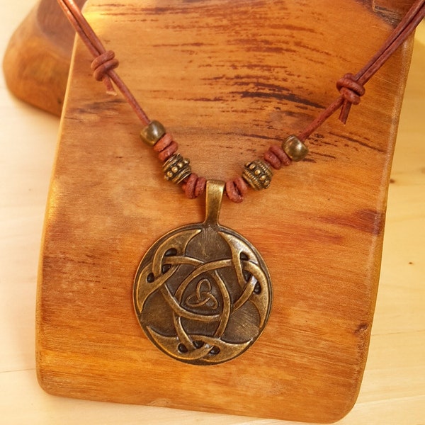 Celtic leather necklace, triquetra medallion, bronze, leather strap, adjustable