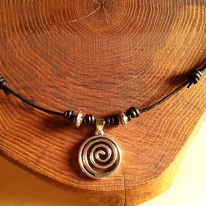 Leather necklace spiral, black leather strap, symbol, adjustable