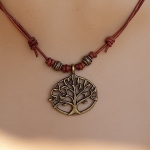 Leather necklace tree of life bronze, brown leather strap, symbol, adjustable