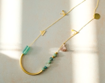 Boho Asymmetrische Halskette, Messing Anhänger Perlenkette, Ausgefallene Moderne Halskette, Handgemachte Goldene Halskette für Frauen