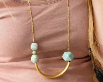 Schlichte Minimalistische Halskette, Etsys Auswahl, Lange Messing Anhänger Perlenkette, Ausgefallene Asymmetrische Halskette