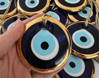 Cuenta de mal de ojo de oro de 7 cm, colgante de pared de mal de ojo, cuenta de mal de ojo turco, cuenta de vidrio azul, decoración del hogar, cuenta de mal de ojo de oro, mal de ojo griego, Nazar