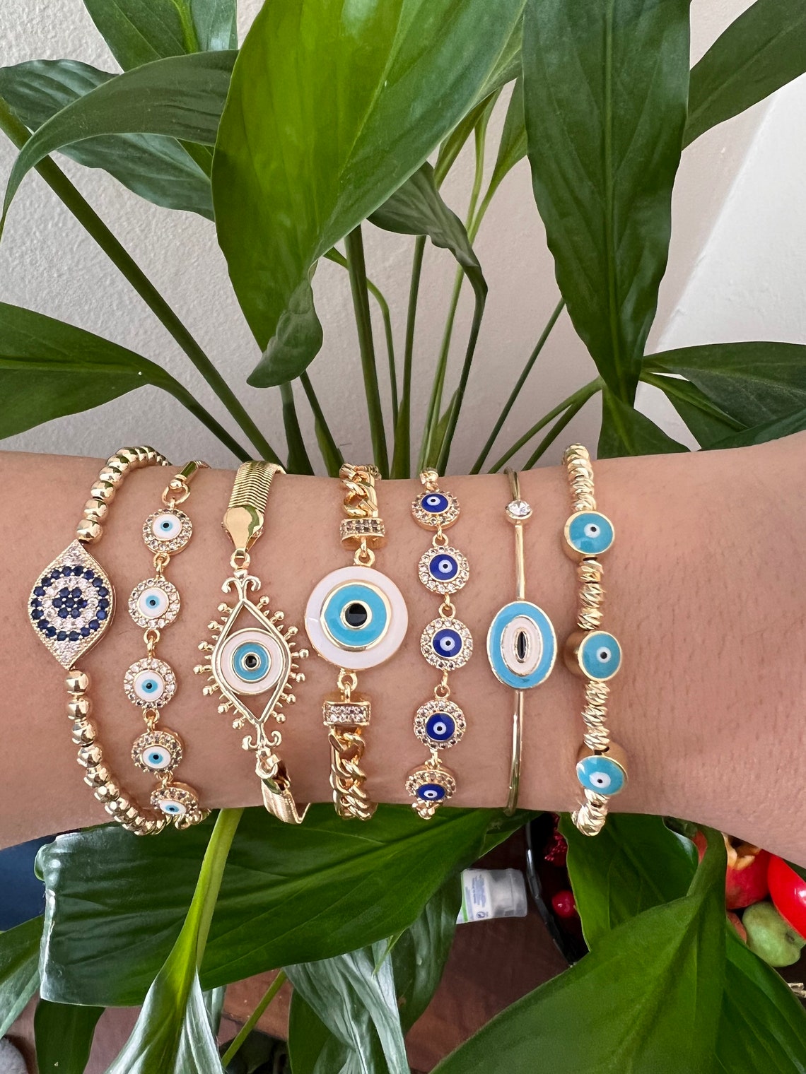 Evil Eye Bracelet, Gold Chain Bracelet, Round Evil Eye Charm, White