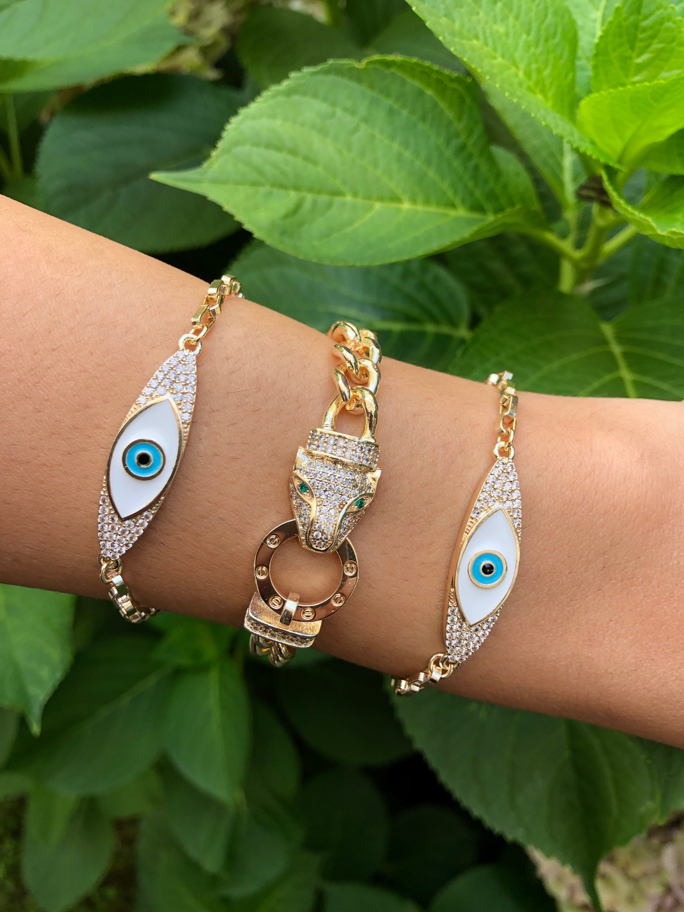 Evil Eye Bracelet, White Evil Eye Jewelry, Panther Bracelet for Women, Protection Jewelry, Evil