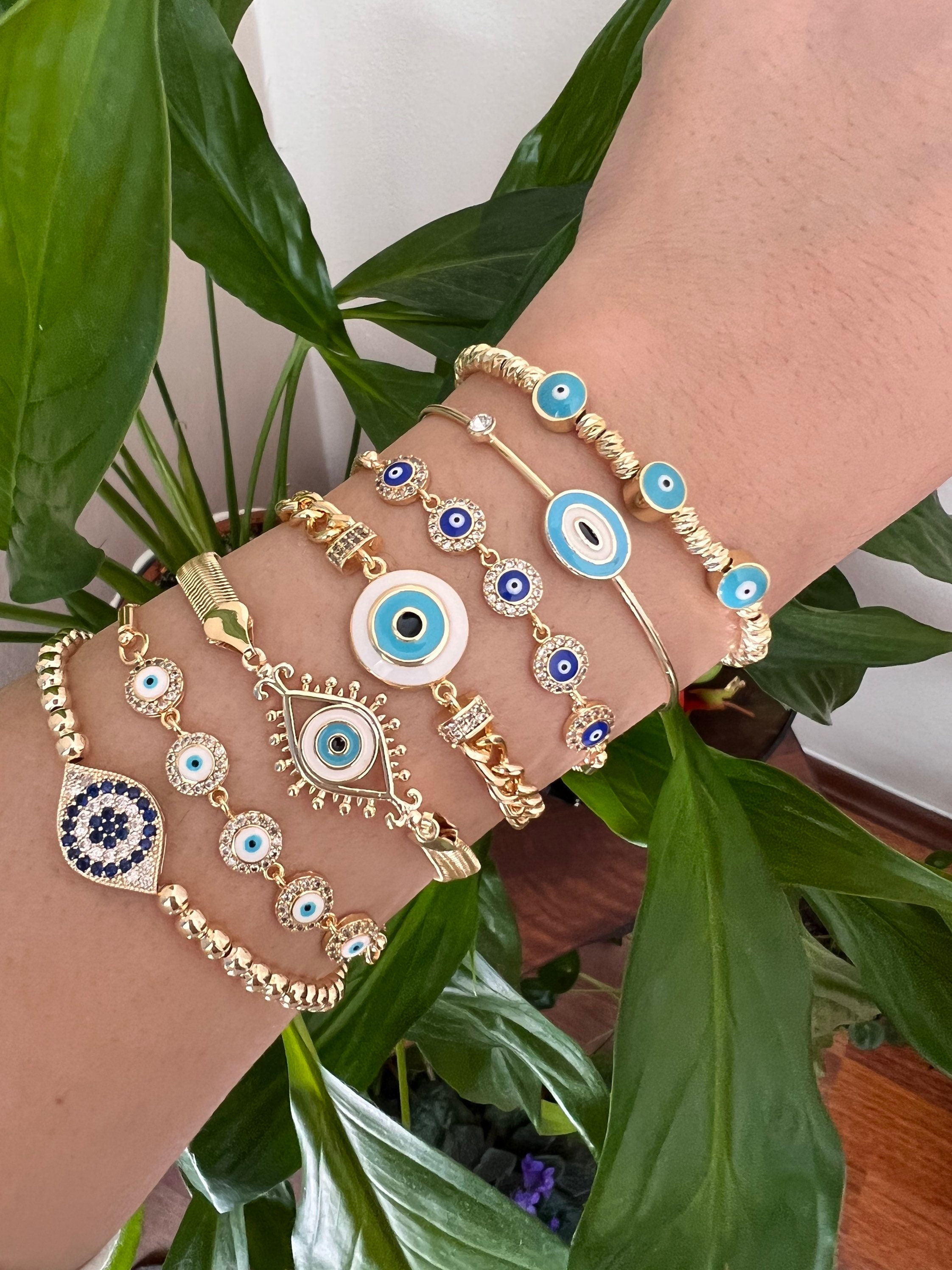 Evil Eye Bracelet, Gold Chain Bracelet, Round Evil Eye Charm, White