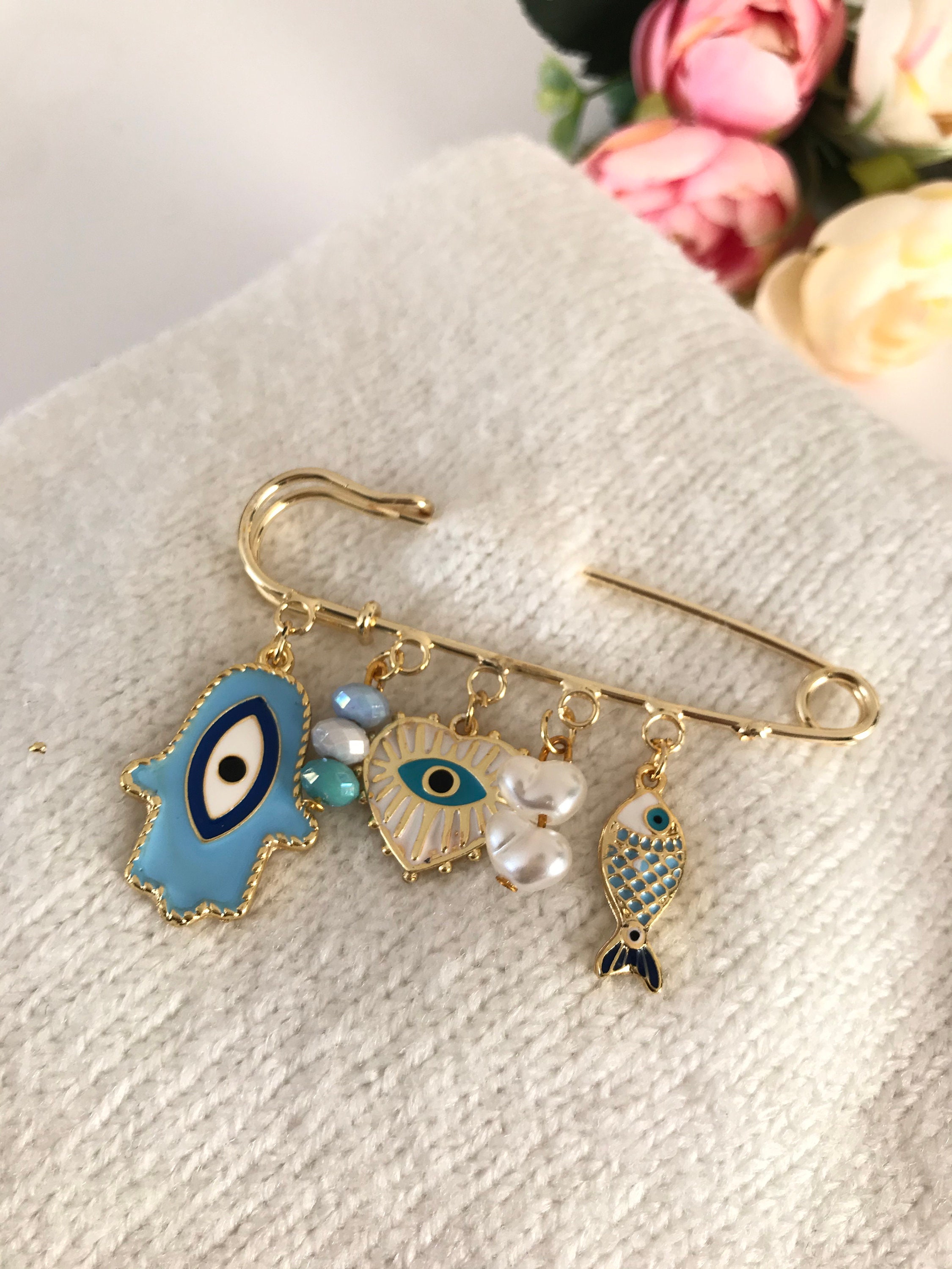 Evil Eye Safety Pin, Protection Baby Pin, Evil Eye Jewelry, Brooch Pin