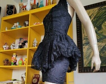 Vintage 80s Iconic Halter Black Lace Bubble Skirt Party Beaded Mini Prom Dress XS/S