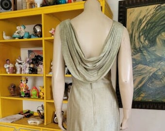 Vintage 60s Motown Mod Metallic Silver Gold Draped Back Cocktail Mini Dress S