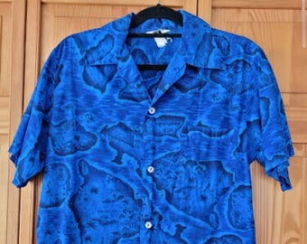 Vintage 60s Hawaiian Islands Map Mens 100% Cotton Painted Blue Button Down Shirt M