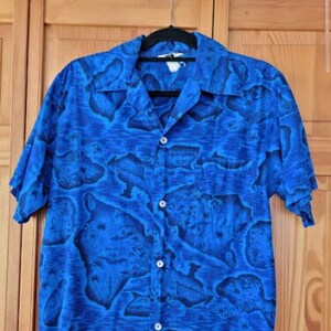 Vintage 60s Hawaiian Islands Map Mens 100% Cotton Painted Blue Button Down Shirt M image 1