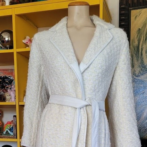 Vintage 60s Mod Bonnie Cashin Sills Mohair Tweed Leather Winter White Coat S/M
