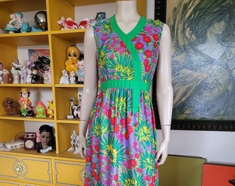 Vintage 60s Groovy Psychedelic Flower Power Silk Maxi Hippie Child Keram Dress S