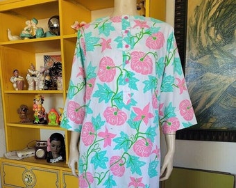 Vintage 70s Vested Gentress Pink Aqua Preppy Novelty Print Floral Shirt Dress S/M