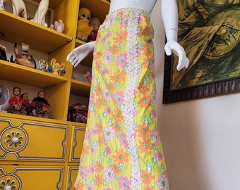 Vintage 60s Lilly Pulitzer Signed Sunny Floral Maxi Aline Lace Preppy Skirt M