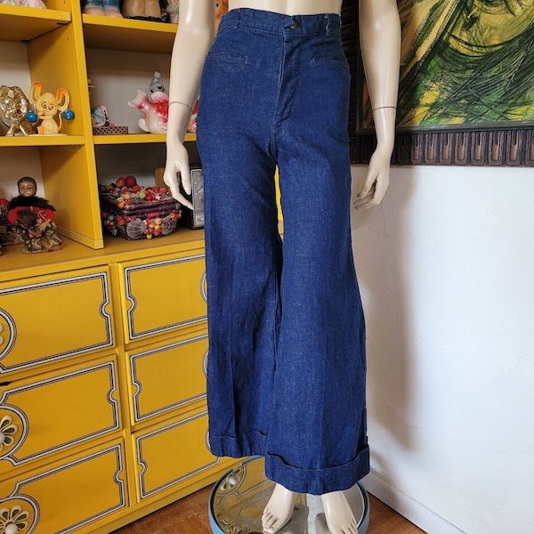 Vintage 70er Jahre Landratte High Waist Denim Hippie Jeans Schlaghose Ausgestelltes XS/S