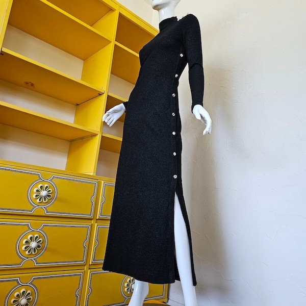Vintage 70s Vamp Knit Ayres Unlimited Black Maxi Formal Evening Dress Gown S/M