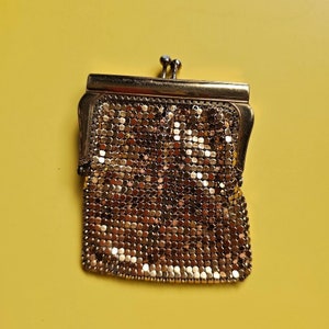 Vintage 60s West Germany Gold Mesh Chainmail Small Rhinestone Change Coin Purse