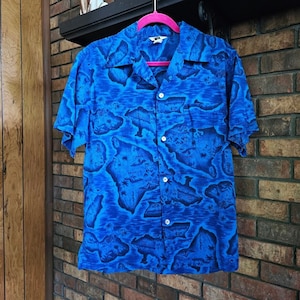 Vintage Herren Hawaii-Inseln Tiki Karte Souvenir Button Down Rockabilly Shirt M