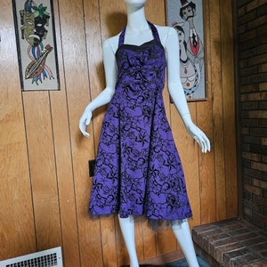 Hearts and Roses Tattoo Flocked Purple Halter Rockabilly Goth H&R Retro Dress M