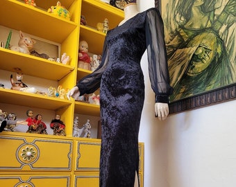 Vintage des années 80 Goth Vampy noir écrasé velours Wiggle cocktail robe transparente à manches ballon M