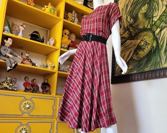 Vintage 60s Classic Rockabilly Plaid Shirtwaist Full Skirt Shirtwaist Dress S/M