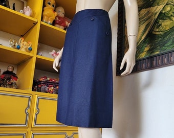 Vintage 70s Courreges Hyperbole Mod Navy Linen A Line Knee Length Buttons Skirt XS