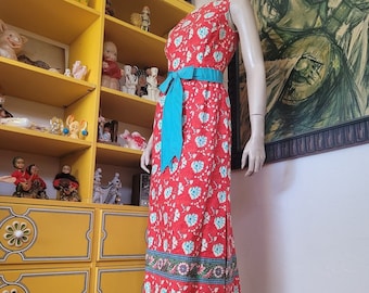 Vintage 60s Boho Hippie Folk Art Floral Maxi Border Print Summer Day Dress S/M