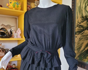 Vintage 80s Albert Nipon Boutique Jacquard Chic Black Peek A Boo Peplum Dress S