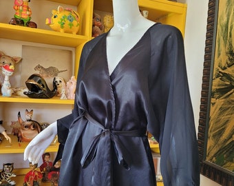 Vintage Victorias Secret Gold Label Blk Satin w/ Sheer Chiffon Bow Slv Full Length Robe P S/M