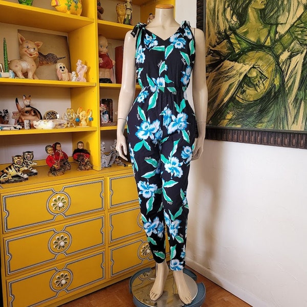 Vintage 80s Hawaiian Peg Leg Hibiscus Jumpsuit Orchids Fashions Elasticized Waist L