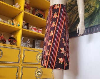 Vintage 70s Hippie Chevron Stripe Floral A Line Groovy Knee Length Geometric Skirt S/M