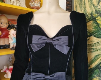 Vintage 80s Victor Costa Velvet Corset Bow Blk Tie Formal Evening Dress Gown S/M