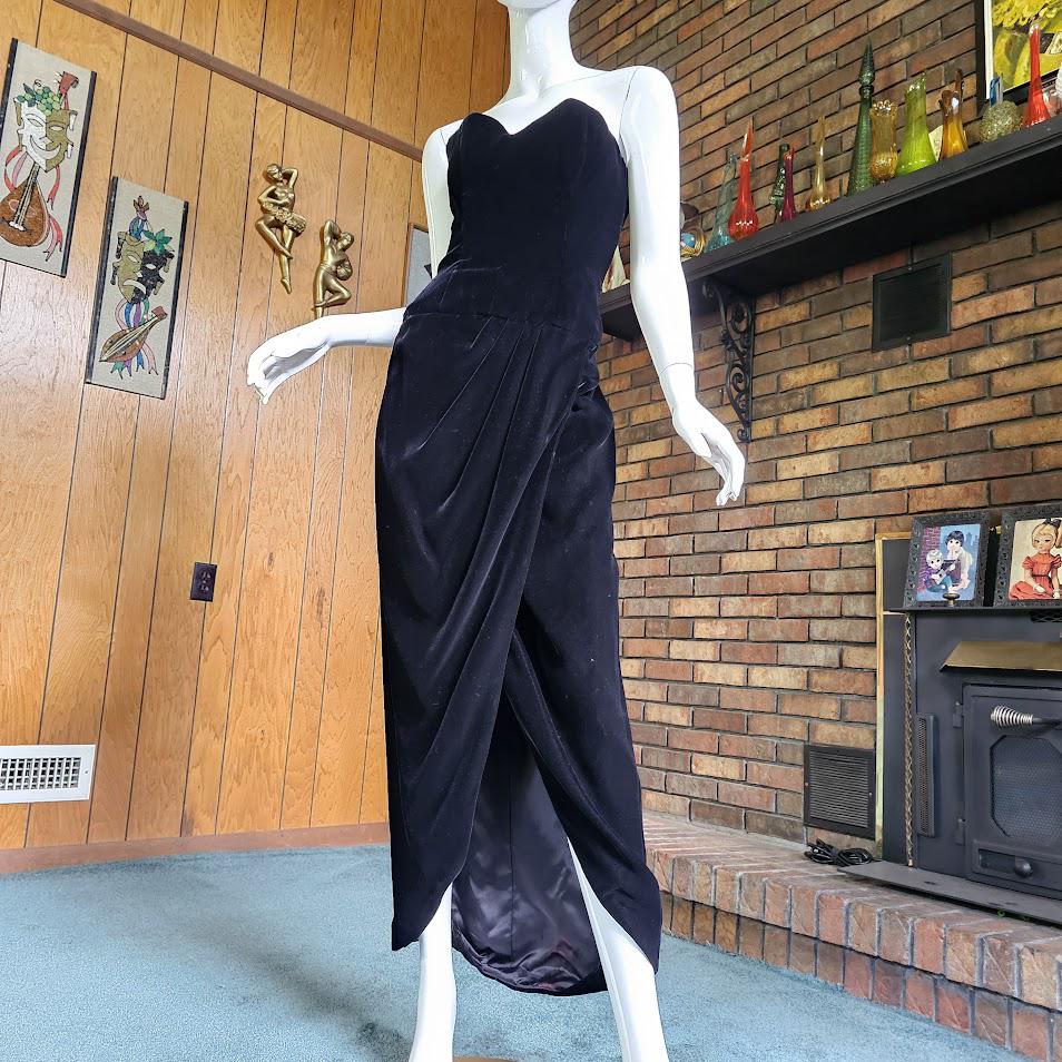 Vintage 80s Victor Costa Strapless Velvet Draped Tulip Skirt